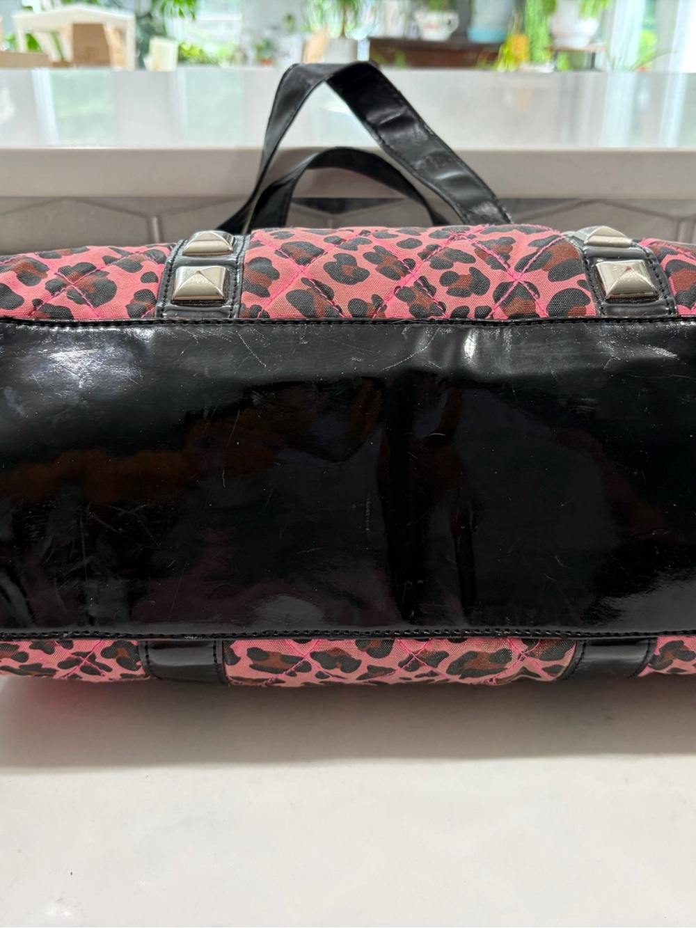 Betsey Johnson Pink and Black Leopard Quilted Studded Tote - Picture 5 of 6